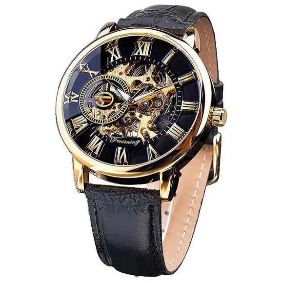 Men's Skeleton Watch Steampunk Watch Black Mechanical Watch , Black-Band